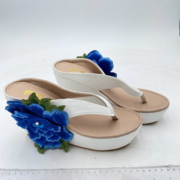 FSJ Blue Floral Cute Platform Wedge Sandal Thong Flip Flop Rhinestone Beach Shoe - Picture 4 of 8